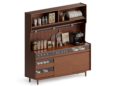 Brown Wooden Sideboard With Shelves Drawers And Coffee Machine On Top 3d model