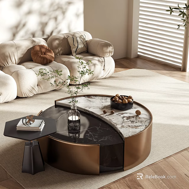 Elegant Modern Sofa and Coffee Table Set With Plush Seating Marble Top and Decorative Items 3d model 