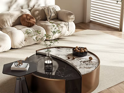 Elegant Modern Sofa and Coffee Table Set With Plush Seating Marble Top and Decorative Items 3d model