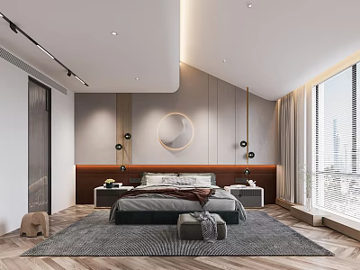 Modern Bedroom Interior Design With Gray Bed Nightstands Lamps Round Decorative Painting And Large Window 3d model