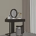Modern Minimalist Dressing Table with Round Mirror Decorative Accents and Stool in Beige Curtain Setting