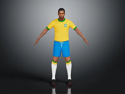 A Man In Brazilian Football Jersey Yellow Shirt Blue Shorts White Socks And Black Shoes 3d model