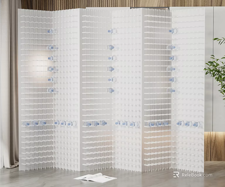 White Foldable Room Divider With Grid Design And Small Blue Patterns For Indoor Decoration 3d model 