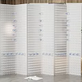 White Foldable Room Divider With Grid Design And Small Blue Patterns For Indoor Decoration