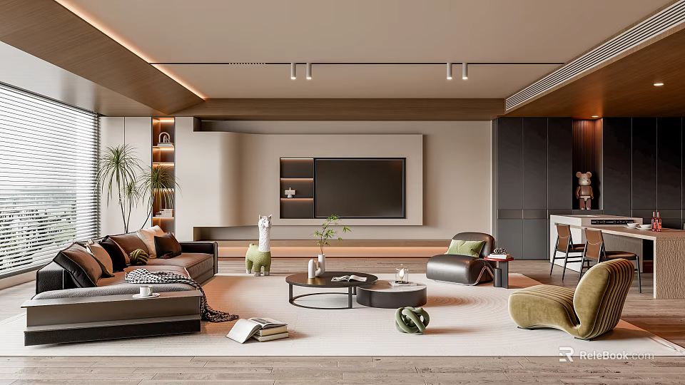 Modern Living and Dining Room Interior With Sofa Coffee Table TV Wall and Green Plants 3d model 