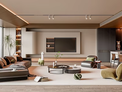 Modern Living and Dining Room Interior With Sofa Coffee Table TV Wall and Green Plants 3d model