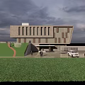 Modern Sales Office Building Featuring Textured Facade Steps And Parking Area
