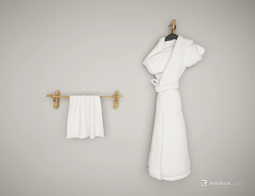 White Towel Hanging On Gold Rack With White Bathrobe In Bathroom 3d model 
