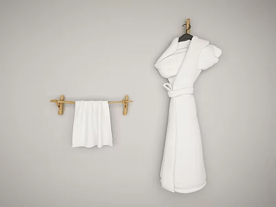 White Towel Hanging On Gold Rack With White Bathrobe In Bathroom 3d model