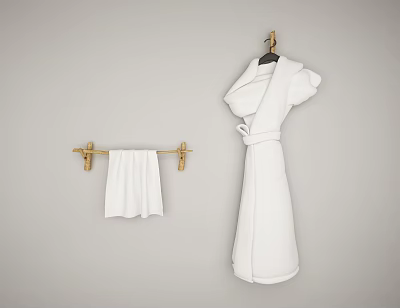 White Towel Hanging On Gold Rack With White Bathrobe In Bathroom 3d model