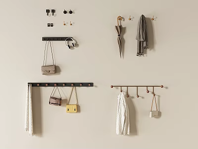 Stylish Wall Hooks With Handbags Scarves Umbrella and Accessories on Wall 3d model