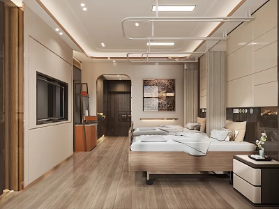 Modern Bedroom Interior With Wooden Floor TV Wall Art And Bedside Tables 3d model