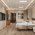 Modern Bedroom Interior With Wooden Floor TV Wall Art And Bedside Tables