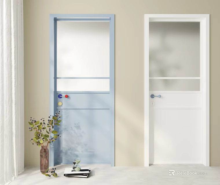Light Blue And White Interior Swing Doors With Glass Panels For Home 3d model 