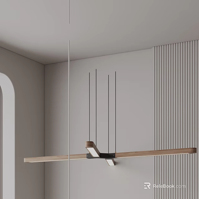 Modern Wooden And Black Metal Chandelier In Minimalist Room With Striped Wall 3d model 