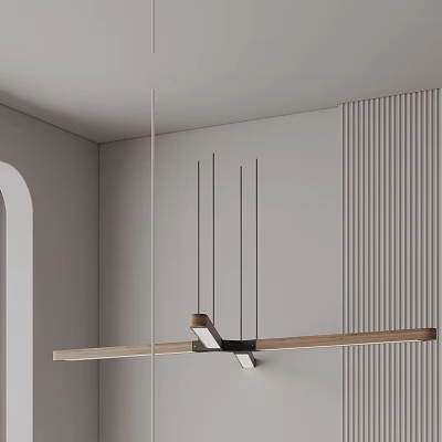 Modern Wooden And Black Metal Chandelier In Minimalist Room With Striped Wall 3d model
