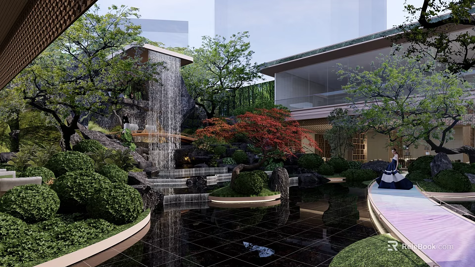Serene Garden Landscape with Waterfall Pond Red Maple Trees Traditional Pavilion and Lush Green Shrubs 3d model 