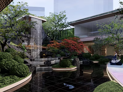 Serene Garden Landscape with Waterfall Pond Red Maple Trees Traditional Pavilion and Lush Green Shrubs 3d model