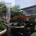 Serene Garden Landscape with Waterfall Pond Red Maple Trees Traditional Pavilion and Lush Green Shrubs