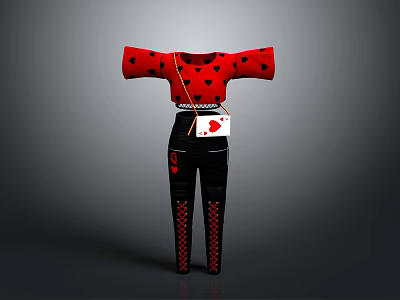 Stylish Red Polka Dot Top With Black Heart Pattern Pants And White Bag 3d model