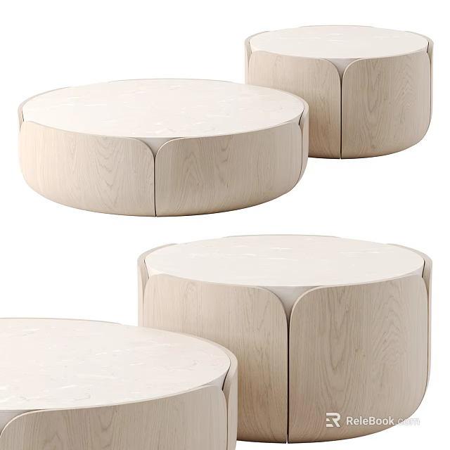 Set of Modern Minimalist Round Coffee Tables With Wooden Frame And White Surface 3d model 