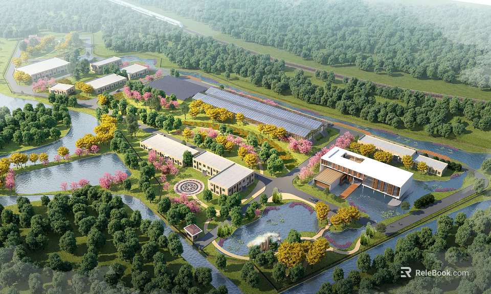 Ecological Industrial Factory Complex With Lush Green Trees Lakes And Landscaped Gardens 3d model 