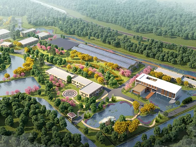 Ecological Industrial Factory Complex With Lush Green Trees Lakes And Landscaped Gardens 3d model