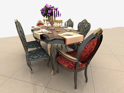 Elegant Dining Table Set With Blue Red Patterned Chairs Purple Flower Vase Candles And Tableware 3d model