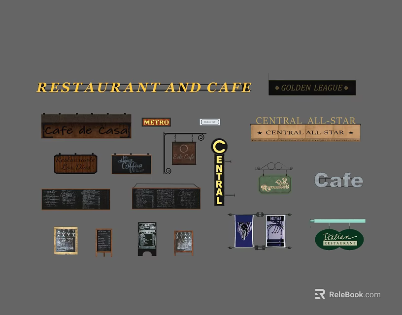 Signs For Restaurant And Cafe Design Collection With Various Names And Styles 3d model 