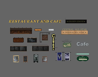 Signs For Restaurant And Cafe Design Collection With Various Names And Styles 3d model