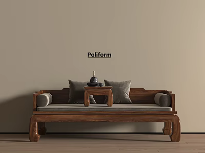 Traditional Chinese Wooden Daybed With Gray Cushions And Small Side Table Interior Design 3d model