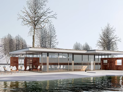 Modern Tourist Center with Glass Facade Surrounded by Trees and Water Pool Outdoor Seating 3d model
