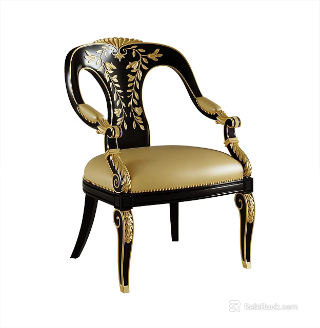 Ornate Accent Chair With Black Frame Gold Carved Accents And Beige Leather Cushion 3d model 