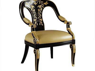 Ornate Accent Chair With Black Frame Gold Carved Accents And Beige Leather Cushion 3d model
