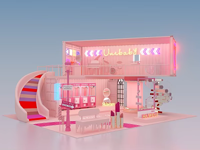 Oushabbi Pink Exhibition Booth Interior With Neon Sign Staircase And Display Shelves 3d model