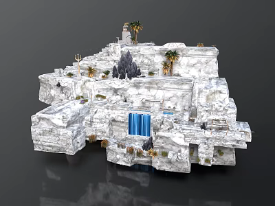White Rock Landscape Structure With Waterfall Palm Trees And Black Rock Formation 3d model