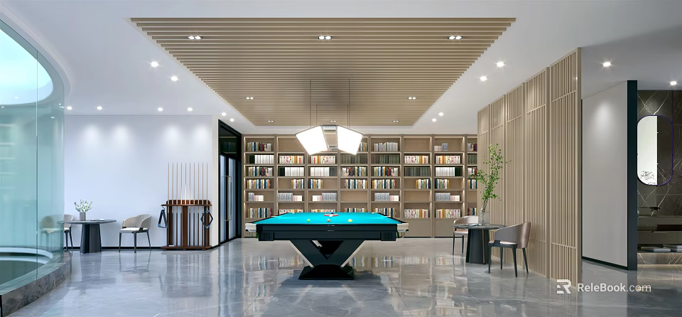 Modern Billiard Room Interior With Green Pool Table Bookshelves And Pendant Light 3d model 