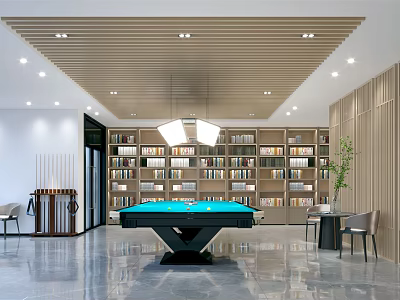 Modern Billiard Room Interior With Green Pool Table Bookshelves And Pendant Light 3d model