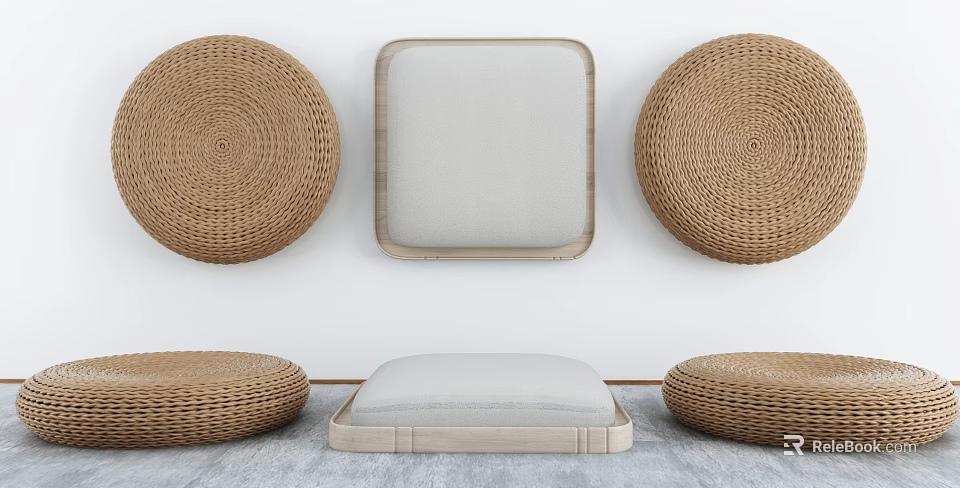 Rattan Cushions Arranged On Wall And Floor In Minimalist Space 3d model 