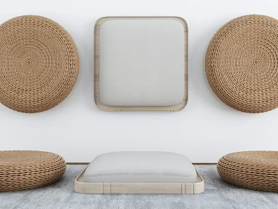 Rattan Cushions Arranged On Wall And Floor In Minimalist Space 3d model