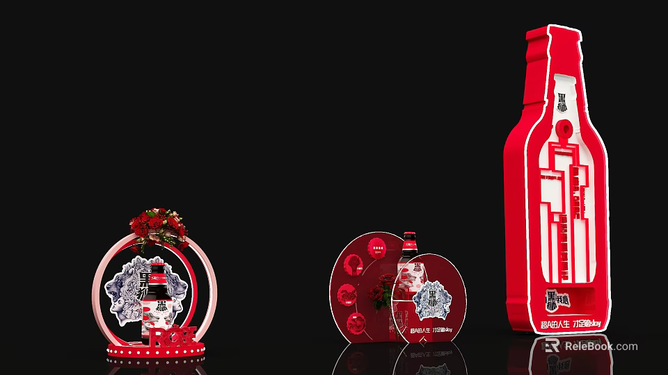 Red Festive Decorations With Bottle Shaped Ornament And Circular Snowflake Designs 3d model 