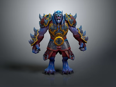 Blue Skinned Horned Beast Warrior Wearing Golden Accented Armor And Red Garments Fantasy 3d model