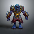 Blue Skinned Horned Beast Warrior Wearing Golden Accented Armor And Red Garments Fantasy