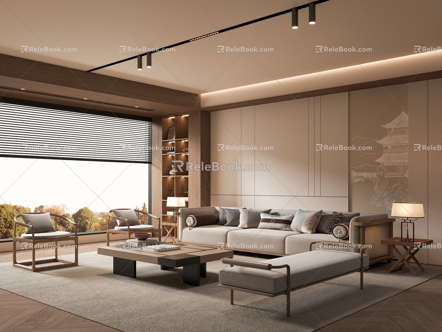 New Chinese Zen Style Home Living Room Song Style Aesthetics Living Room Zen Style Living Room Sofa Coffee Table Combination 3d model