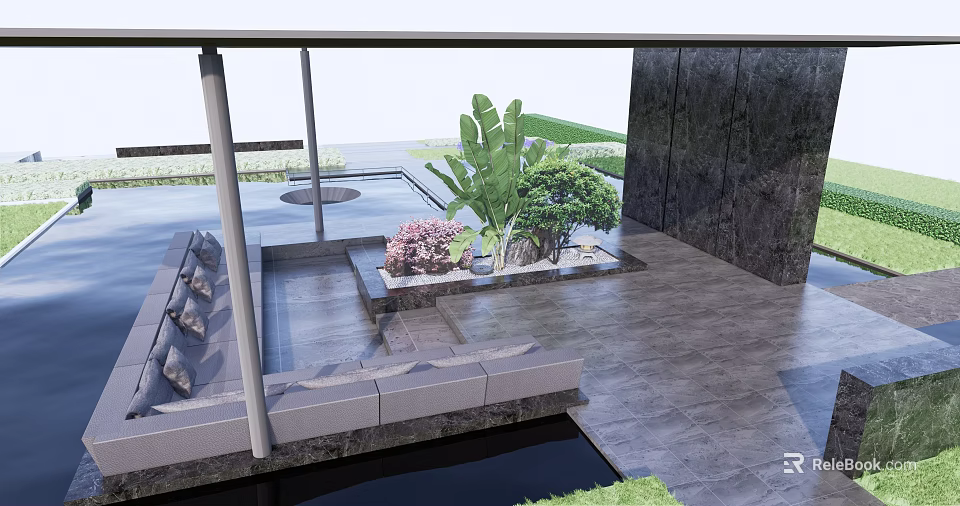 Modern Metal Pergola With Greenery Water Feature And Outdoor Seating Area 3d model 