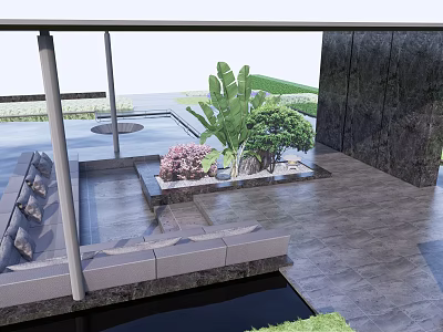 Modern Metal Pergola With Greenery Water Feature And Outdoor Seating Area 3d model
