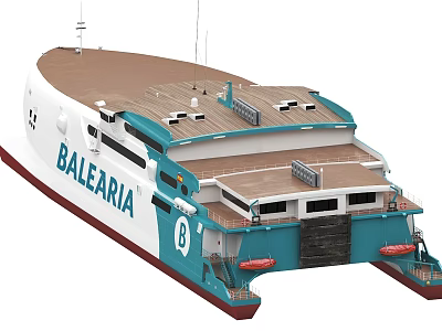 BALEARIA White And Teal Yacht With Brown Deck Multiple Decks And Orange Lifebuoys 3d model