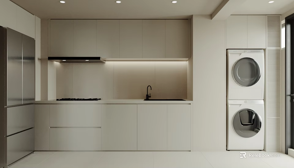 Modern White Kitchen Interior With Cabinets Stove Sink And Minimalist Design 3d model 