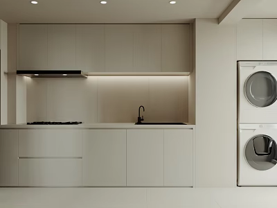 Modern White Kitchen Interior With Cabinets Stove Sink And Minimalist Design 3d model
