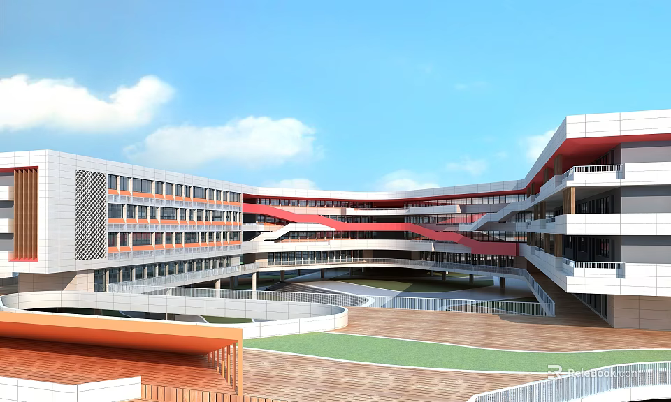 Modern School Building With Multi Storey Red Connecting Corridors Open Green Courtyard And Glass Windows 3d model 